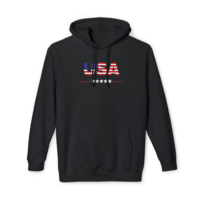 Black hoodie featuring the text 'USA' in bold letters across the chest, with the letters filled with an American flag pattern. Below the text, there is a line with five stars, reinforcing a patriotic theme