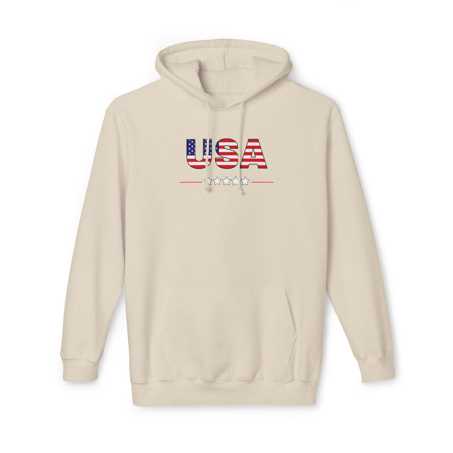 Cream hoodie featuring the text 'USA' in bold letters across the chest, with the letters filled with an American flag pattern. Below the text, there is a line with five stars, reinforcing a patriotic theme