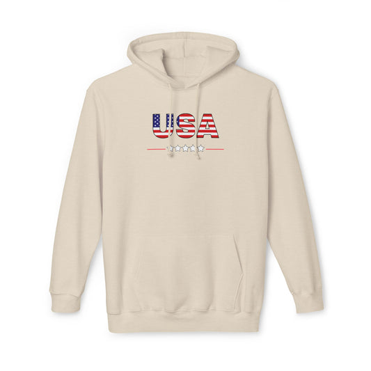 Cream hoodie featuring the text 'USA' in bold letters across the chest, with the letters filled with an American flag pattern. Below the text, there is a line with five stars, reinforcing a patriotic theme