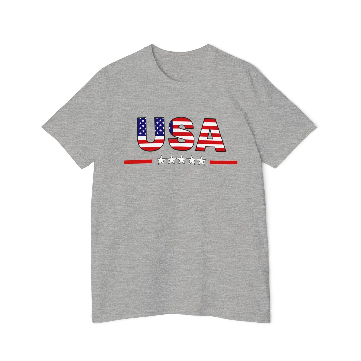 Light gray T-shirt featuring the word 'USA' in bold letters with an American flag pattern, above a row of stars and red lines