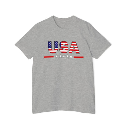 Light gray T-shirt featuring the word 'USA' in bold letters with an American flag pattern, above a row of stars and red lines