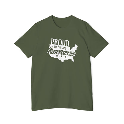 Military green T-shirt featuring the phrase 'Proud to be an American' over a white silhouette of the United States map with stars