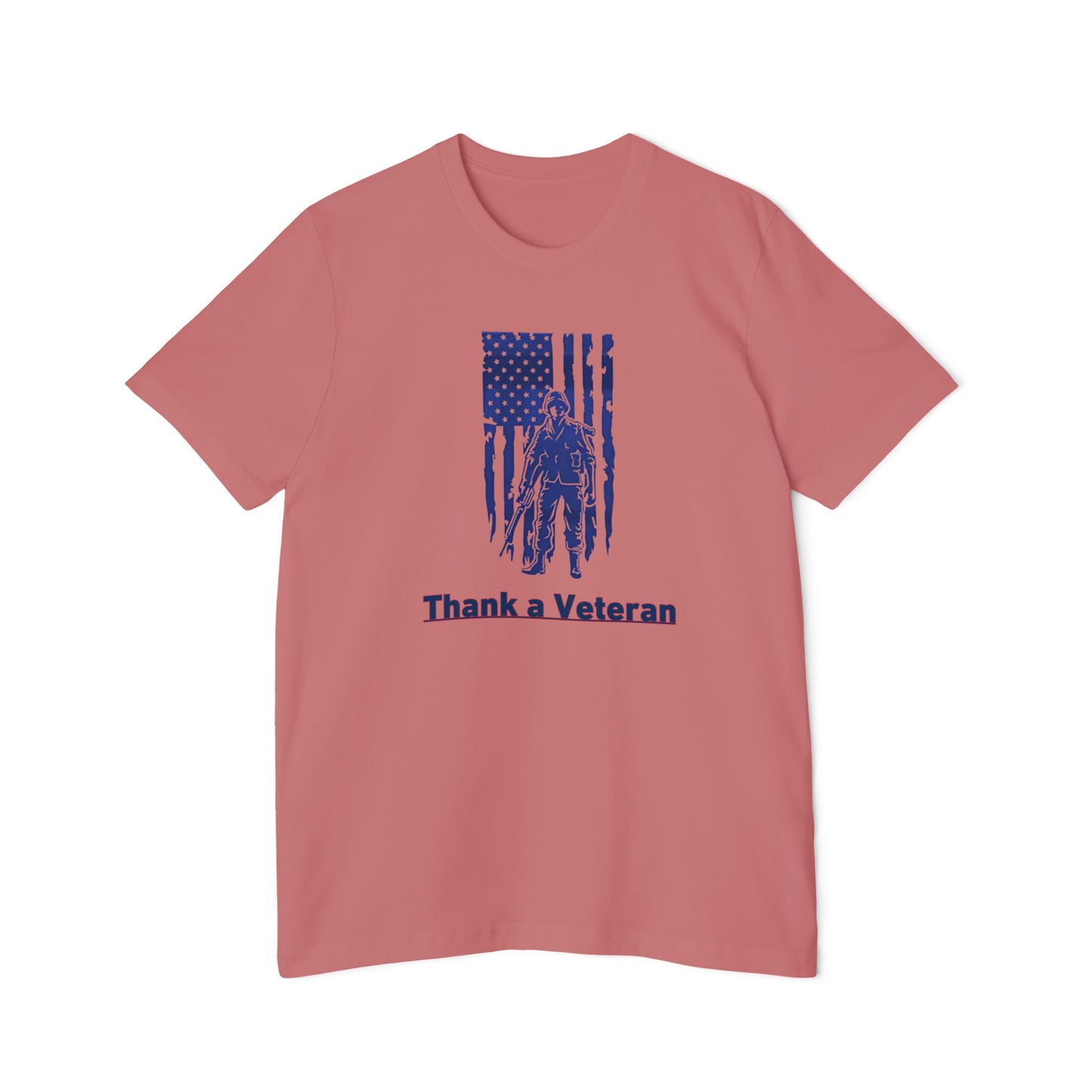 Pink t-shirt with a design showing a soldier standing in front of a USA flag with the words, Thank A Veteran" below the design. 