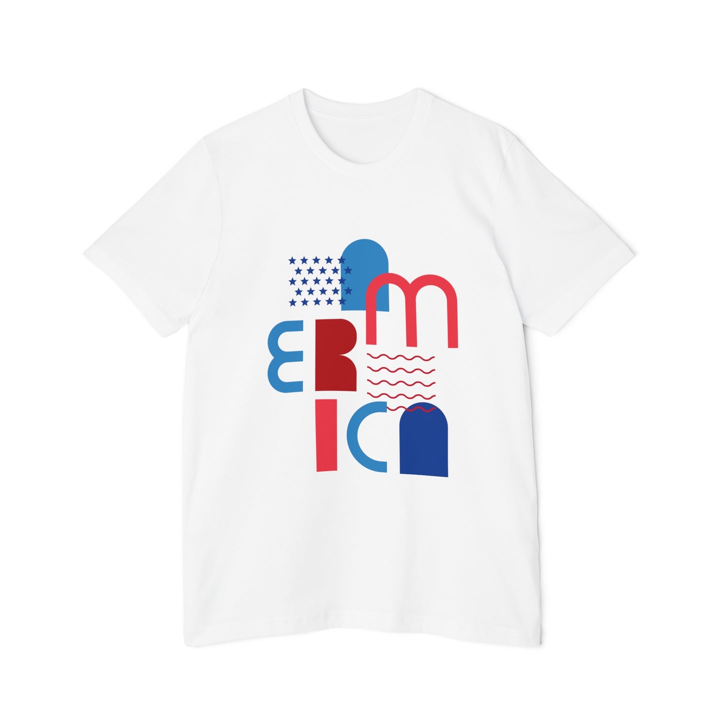 White T-shirt with a modern, abstract design spelling 'America' using blue and red geometric shapes and patterns, including stars and wavy lines