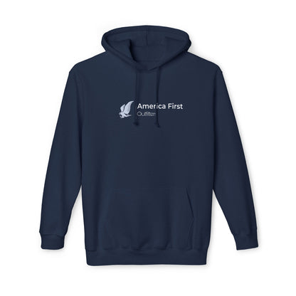 Navy hoodie with 'America First Outfitters' text in white, accompanied by an eagle graphic on the left side of the chest