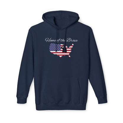 Navy blue hoodie featuring the phrase 'Home of the Brave' above a silhouette of the United States, with the American flag design filling the silhouette