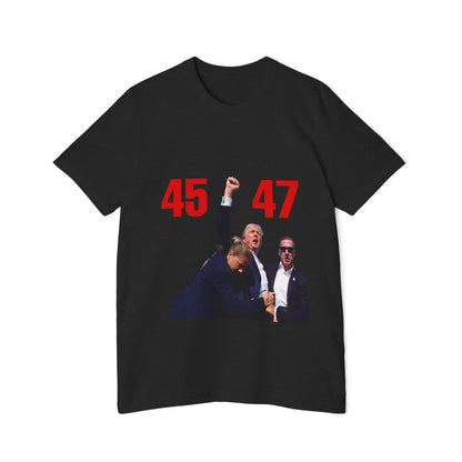 Black 45 47 T-shirt featuring an image of Donald Trump with his fist raised in the air, celebrating as the 45th and 47th president of the United States