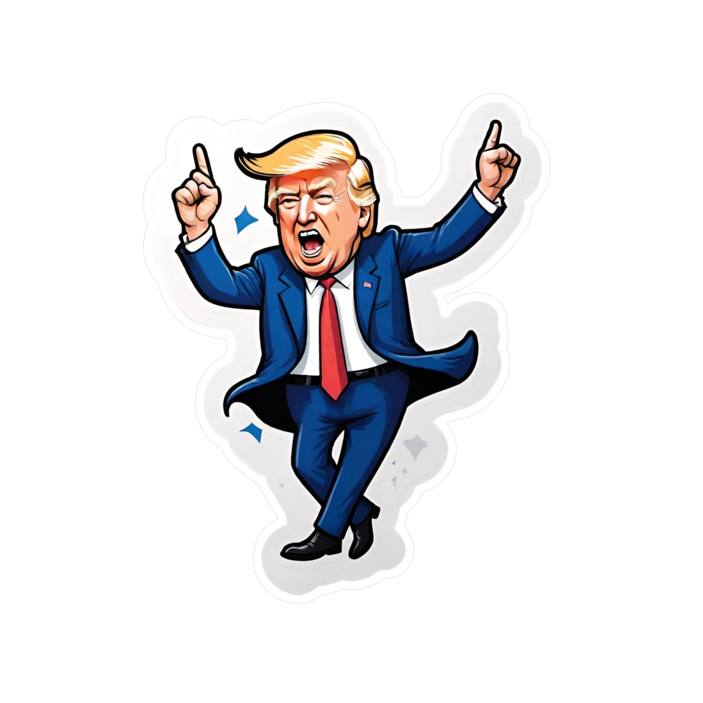 Vinyl car decal of a cartoon looking Donald Trump, dancing with his hands in the air