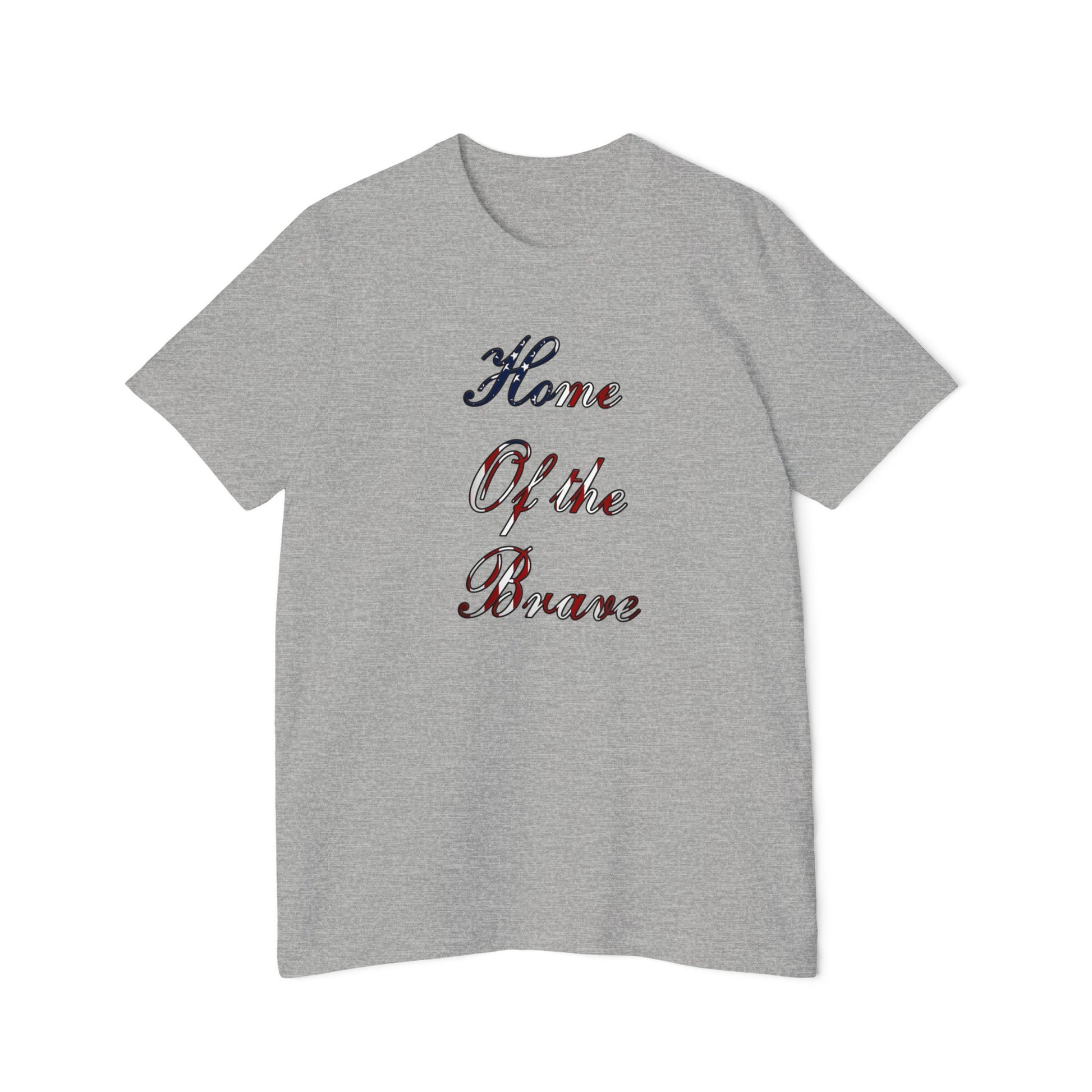 Light gray T-shirt featuring the phrase 'Land of the Free' written vertically in a script font with a red, white, and blue American flag-themed design