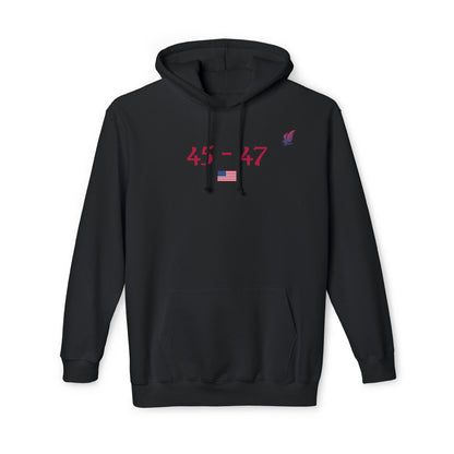 Black hooded sweatshirt with "45-47," an American flag, and an eagle graphic, representing Donald Trump as the 45th and 47th president.