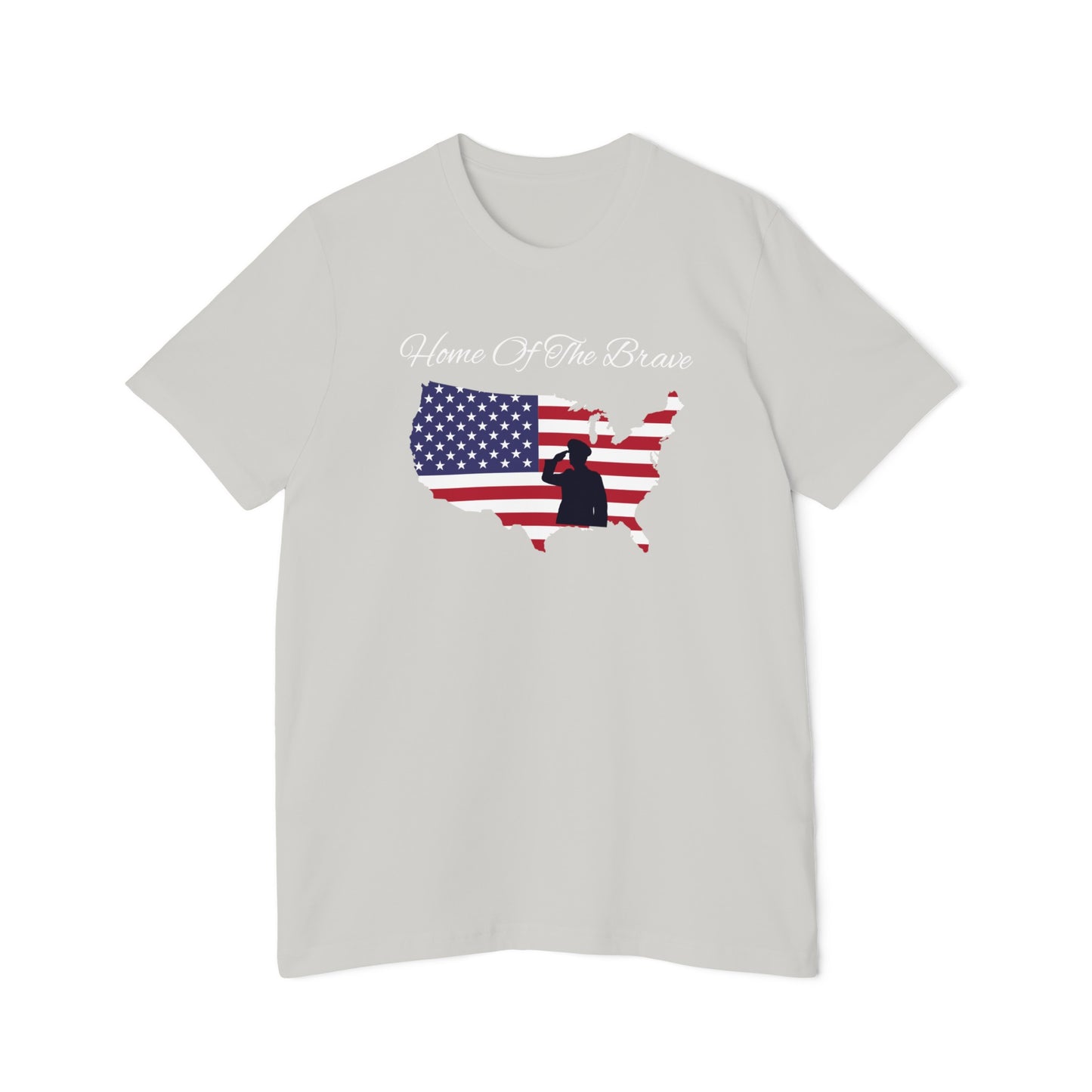 Light gray T-shirt featuring the phrase 'Home of the Brave' above a silhouette of the United States filled with the American flag design and a soldier saluting