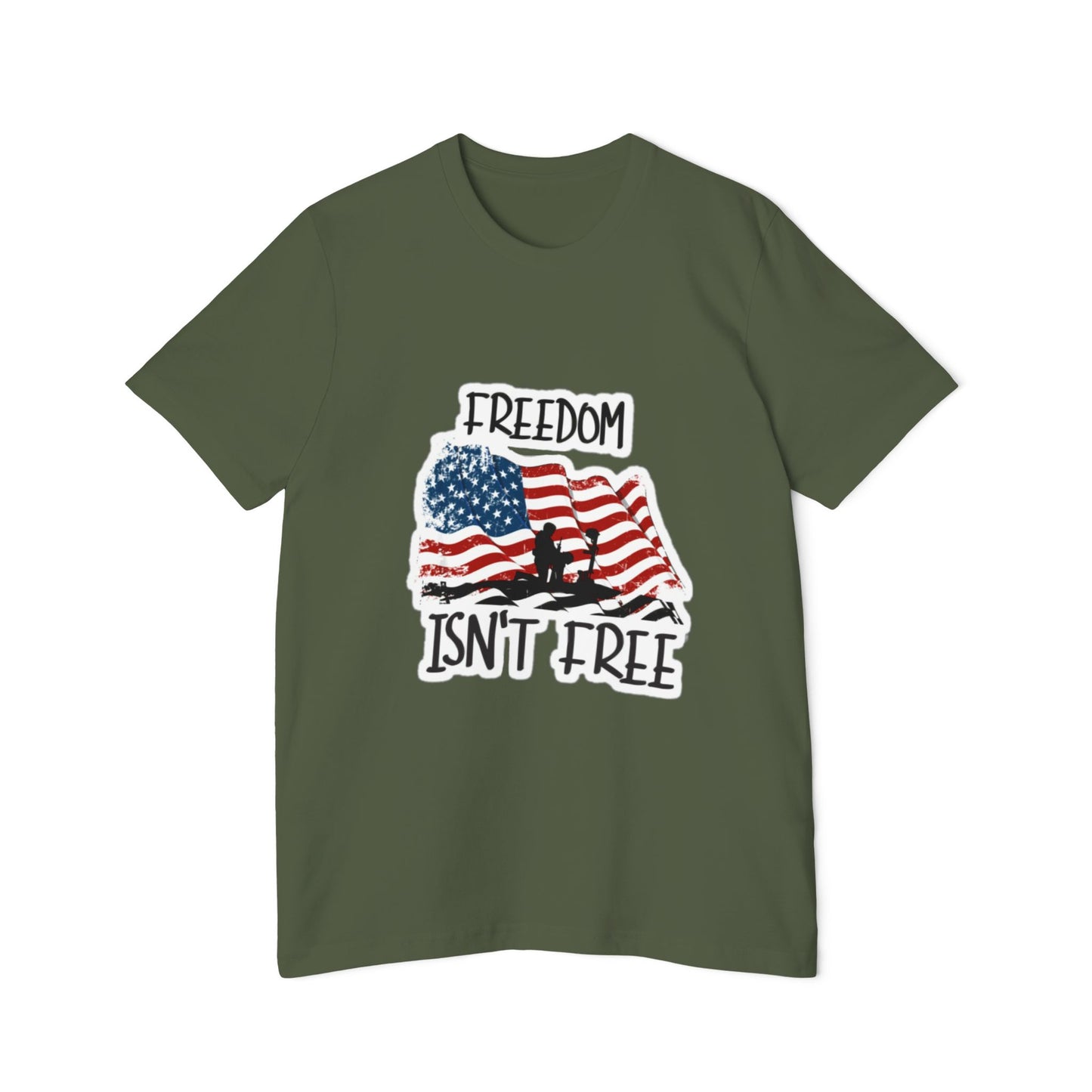 Military green T-shirt featuring a graphic of a waving American flag with a soldier silhouette and the text 'FREEDOM ISN'T FREE' in bold, distressed lettering