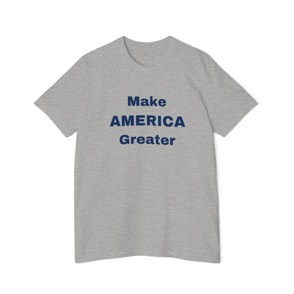 Light gray T-shirt with the slogan 'Make AMERICA Greater' printed in bold blue letters across the front