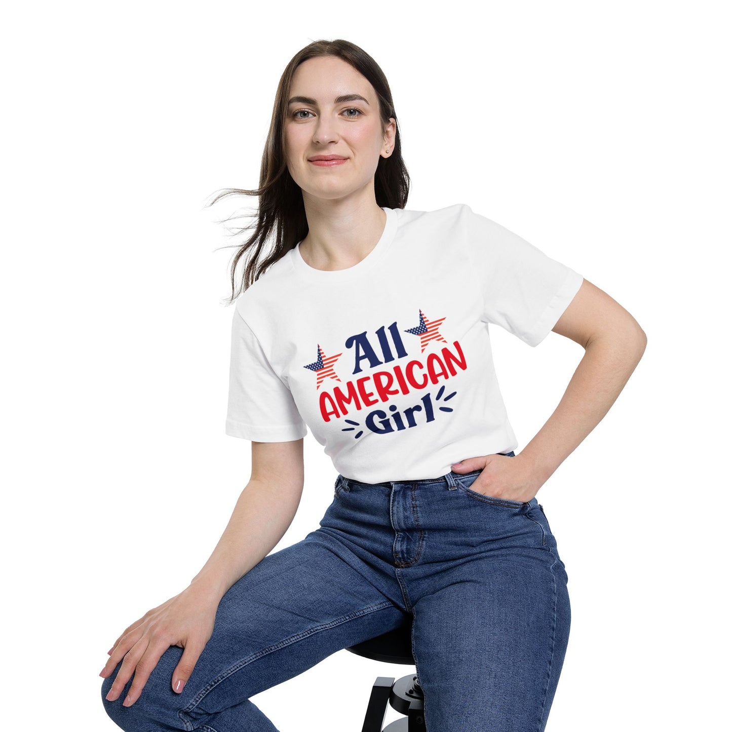 Woman wearing a white T-shirt with 'All American Girl' text in red and blue, featuring two American flag stars above the text.