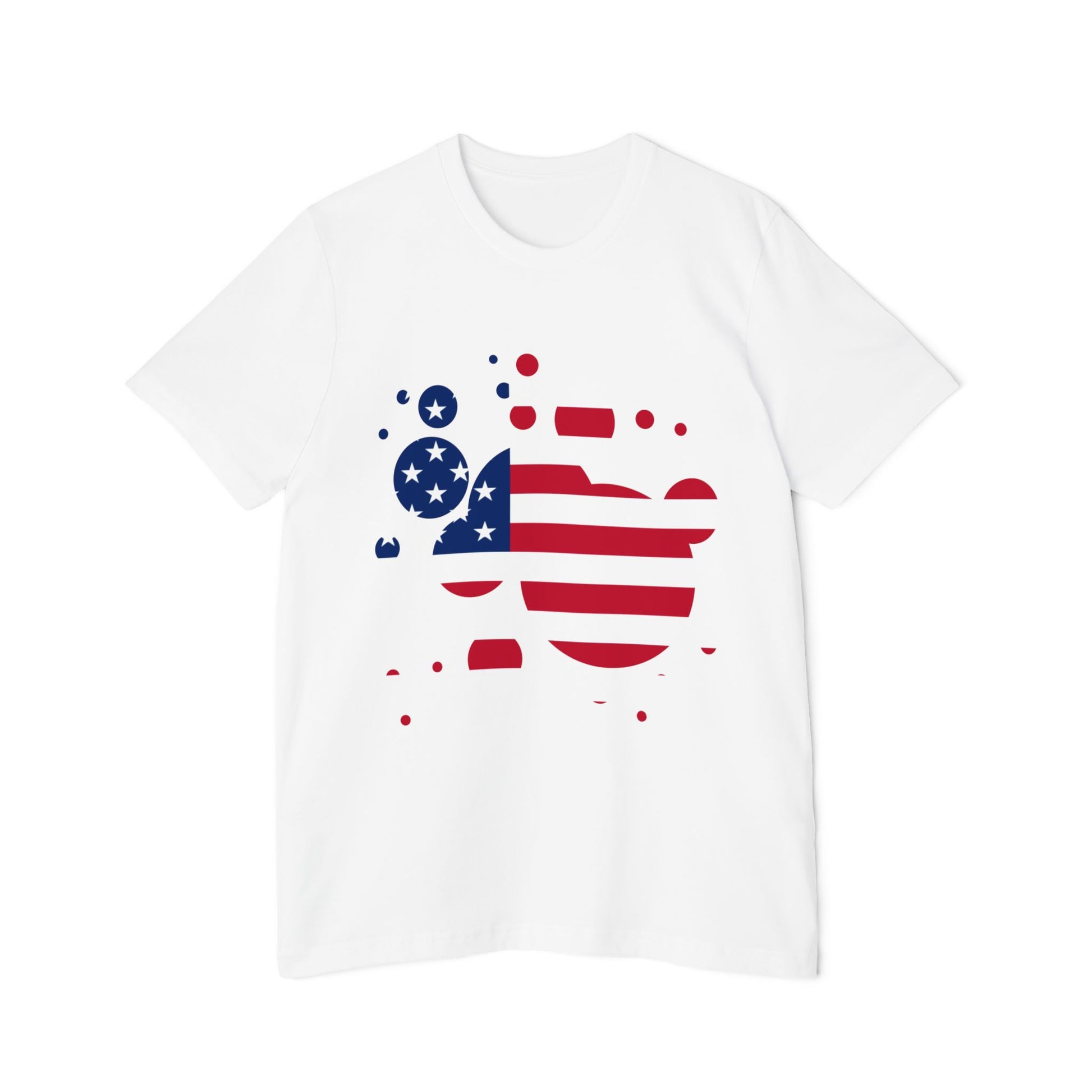 White t-shirt featuring an abstract American flag design with red and white stripes and blue stars, arranged in scattered bubble shapes