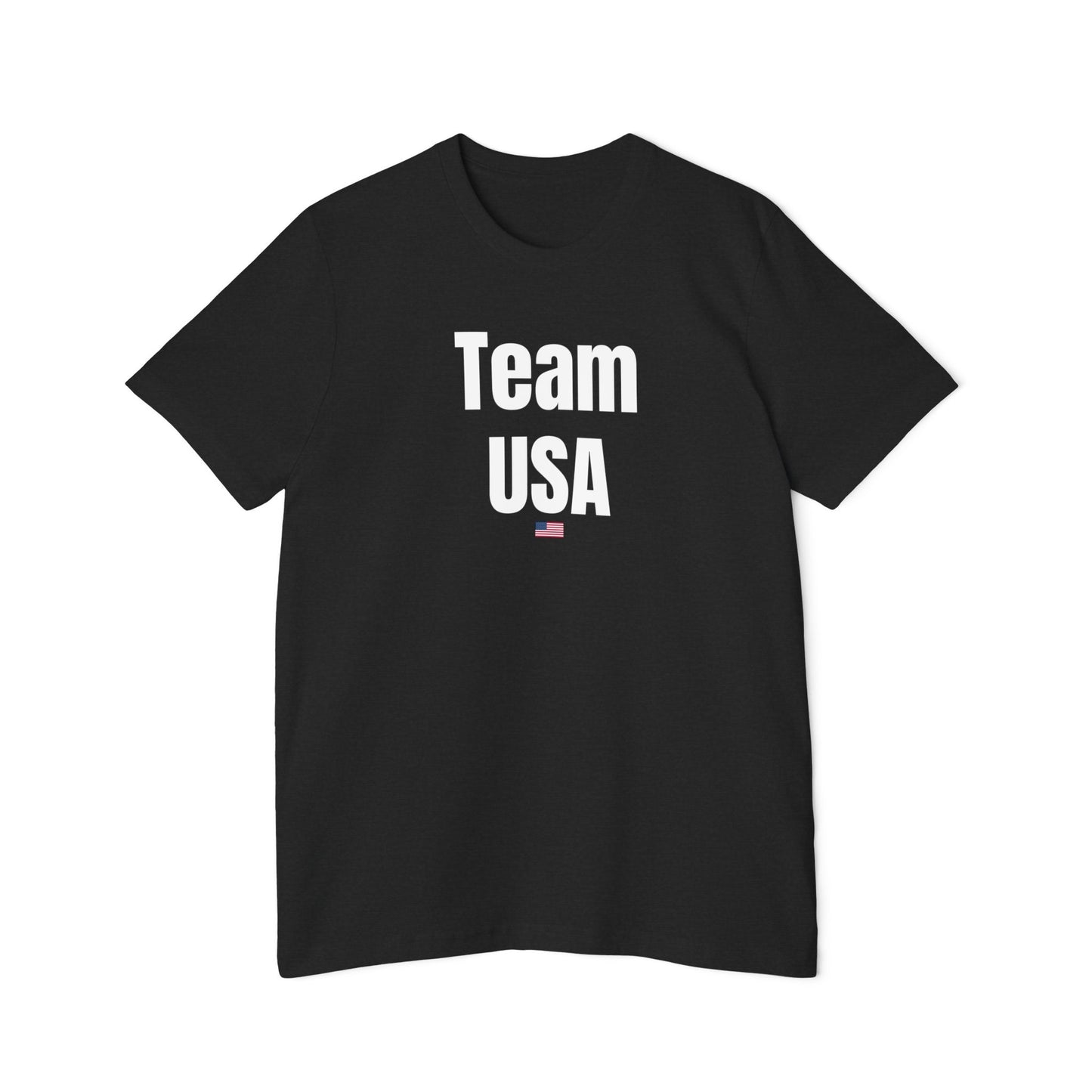 Black Team USA T-shirt with bold 'Team USA' text and a small USA flag underneath. Simple patriotic design on a classic fit T-shirt.