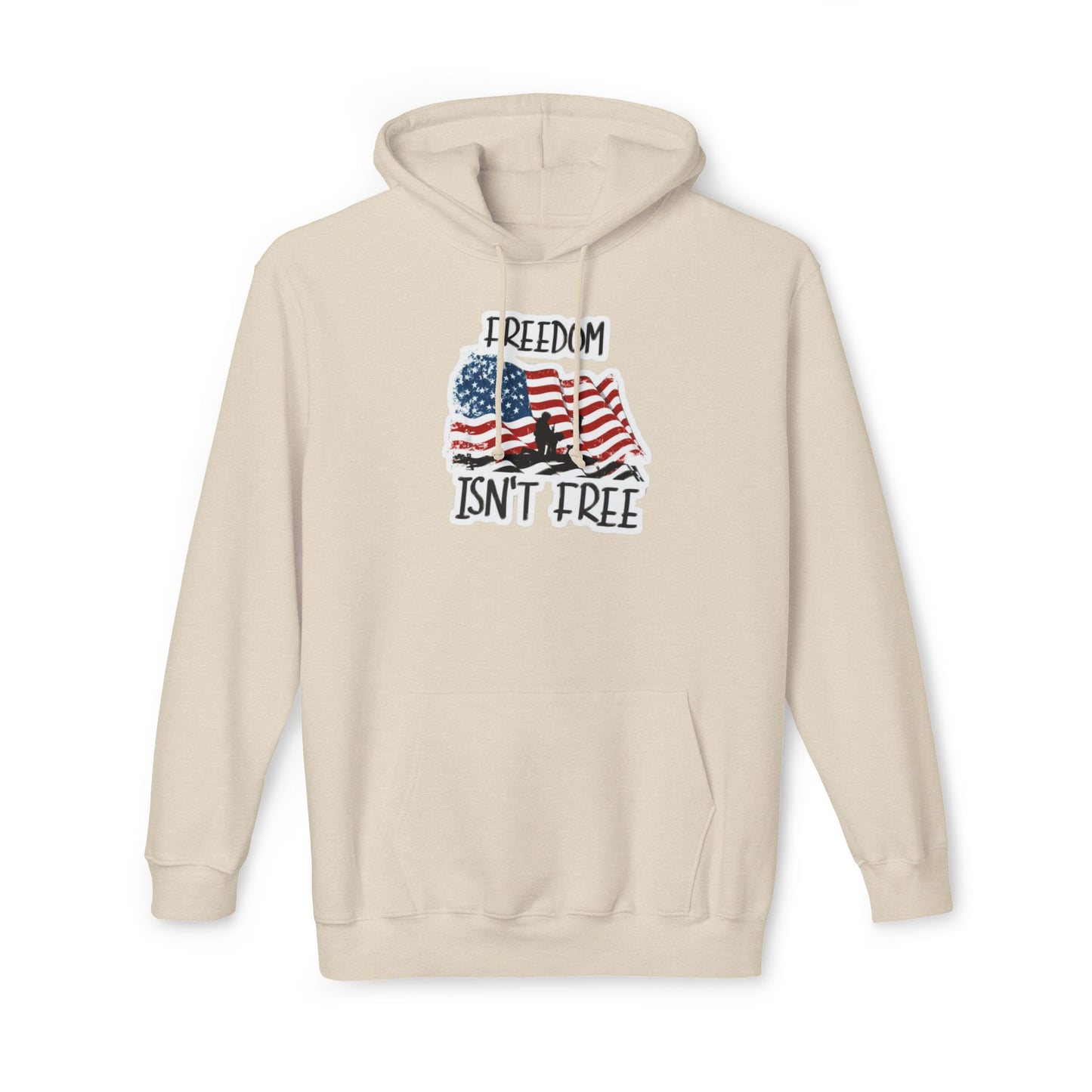 Cream hoodie featuring a graphic of a waving American flag with a soldier silhouette and the text 'FREEDOM ISN'T FREE' in bold, distressed lettering