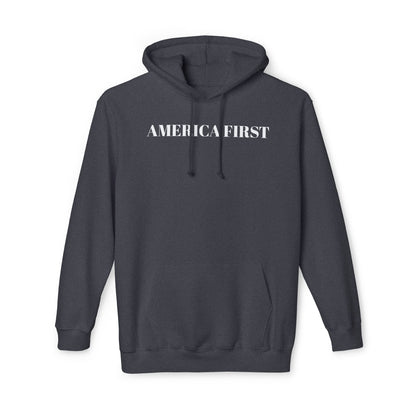 Dark gray hoodie with 'America First' text in bold white capital letters across the chest