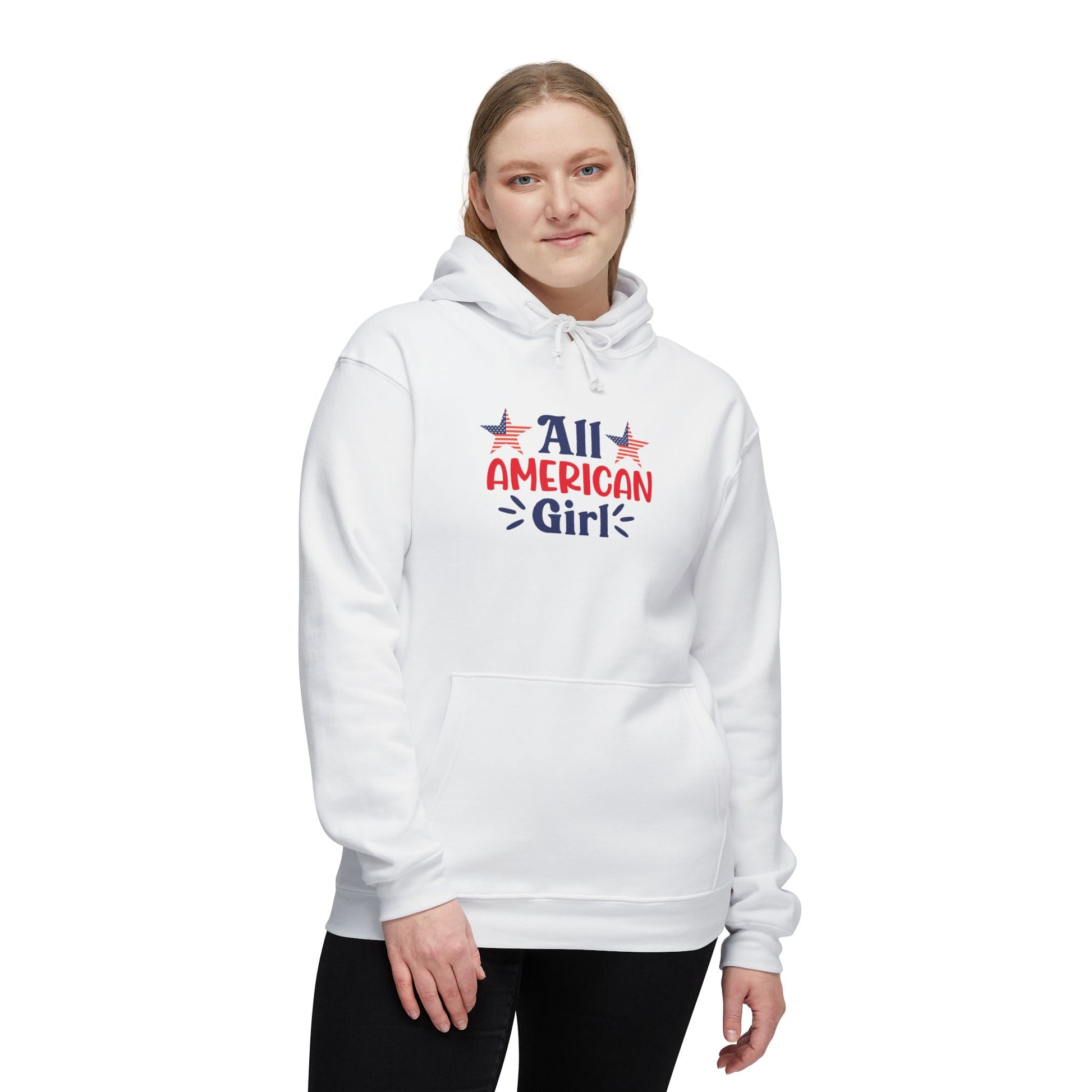 Woman wearing a white hoodie with 'All American Girl' text in red and blue, featuring two American flag stars above the text