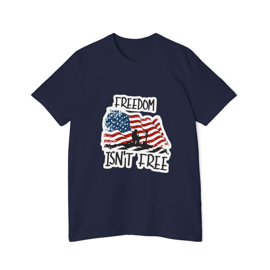 Navy Blue T-shirt featuring a graphic of a waving American flag with a soldier silhouette and the text 'FREEDOM ISN'T FREE' in bold, distressed lettering