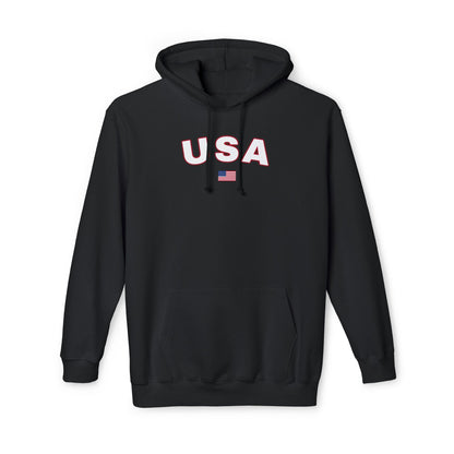 Black hoodie with the text 'USA' in bold white letters across the chest. Below the text, there is a small American flag