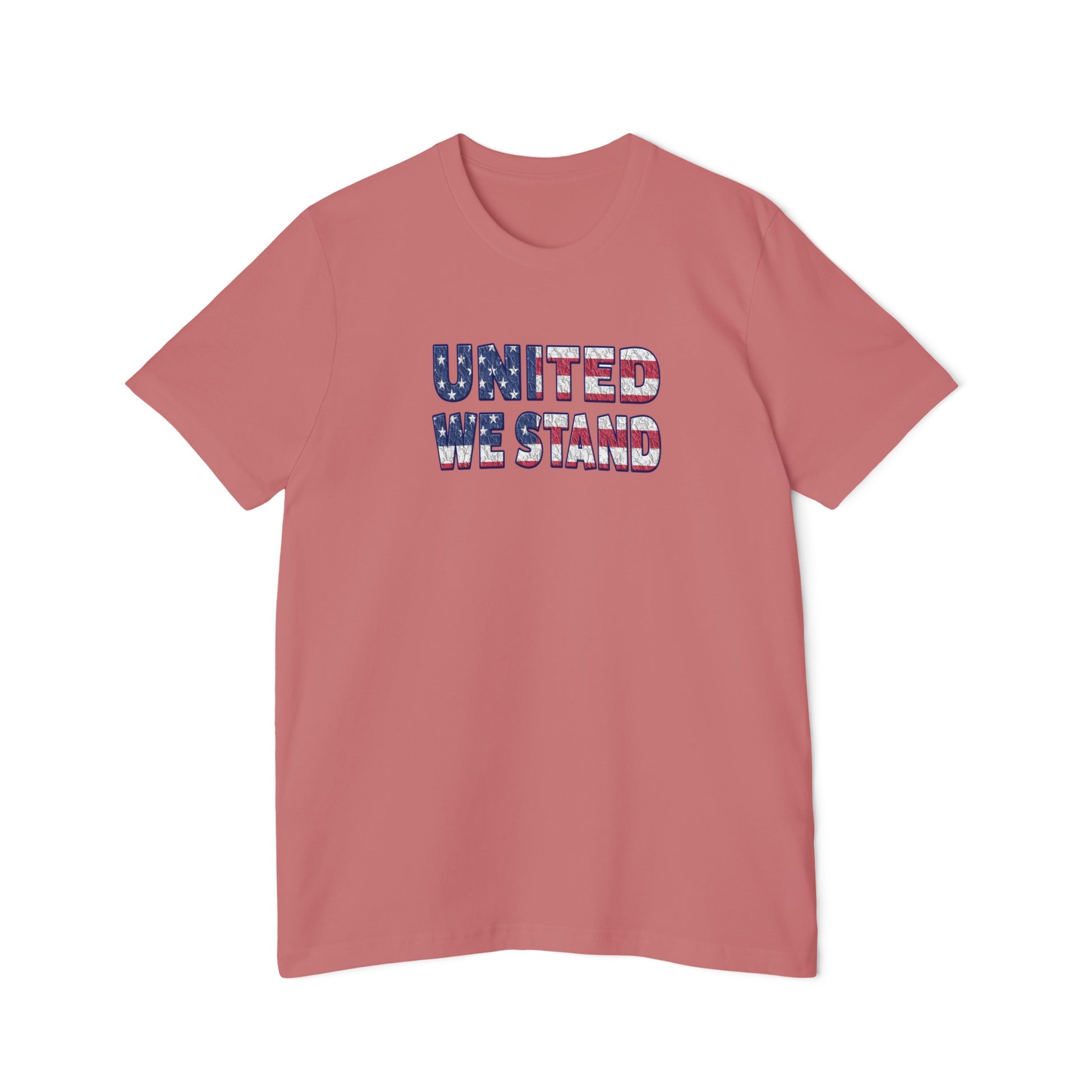 Pink T-shirt with the text 'UNITED WE STAND' displayed across the chest. The letters are filled with a distressed American flag pattern