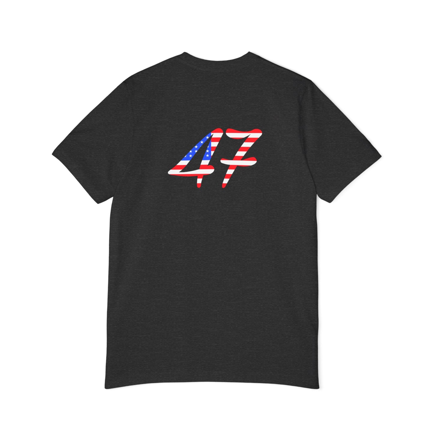 The back of a dark grey T-shirt featuring the number "47" on it in a bold design filled with American flag colors.