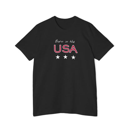 Black "Born in the USA" T-shirt with bold red and white lettering and three white stars.