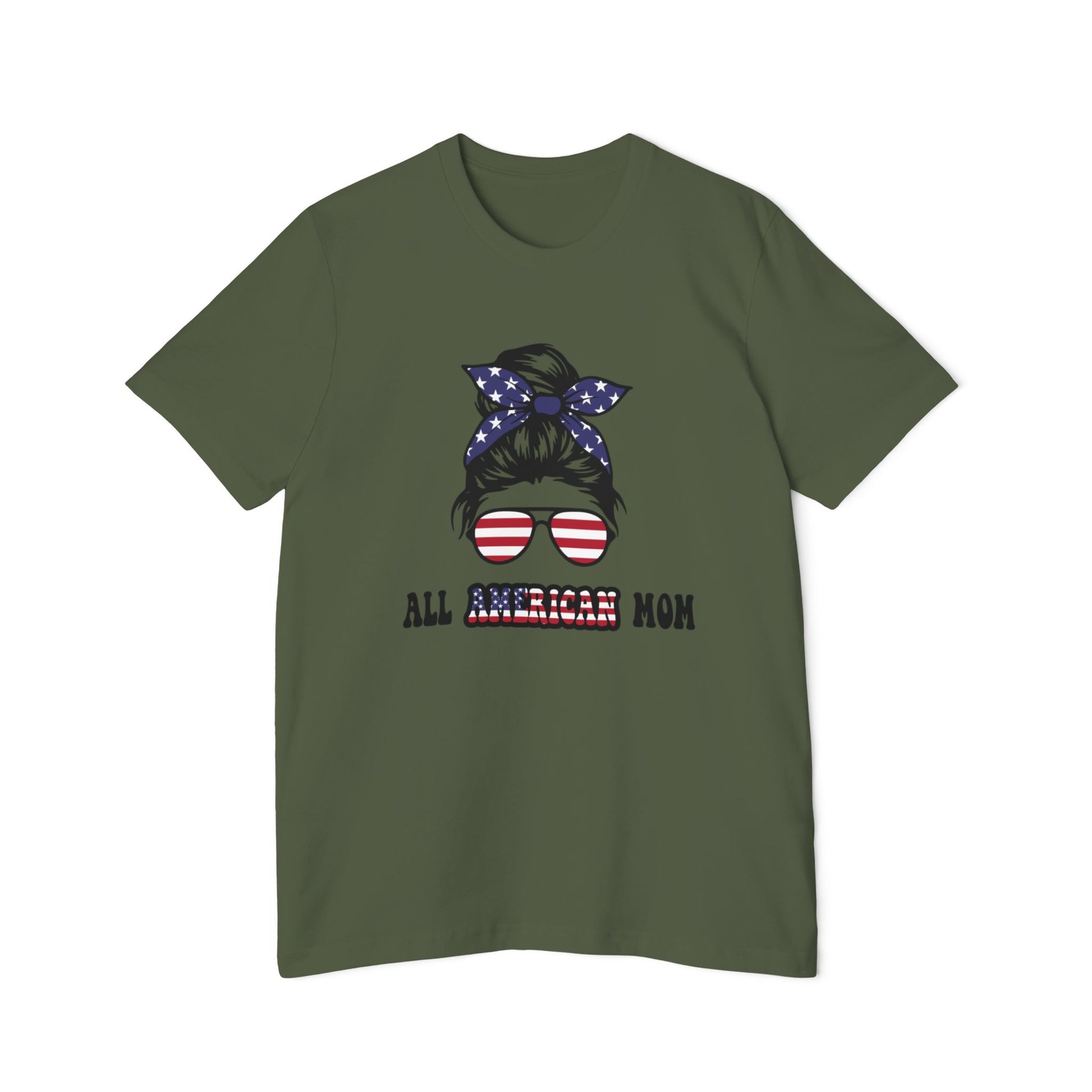 Military green T-shirt with 'All American Mom' text in black and American flag colors, featuring a graphic of a woman’s hair in a bun with a stars and stripes bandana and sunglasses