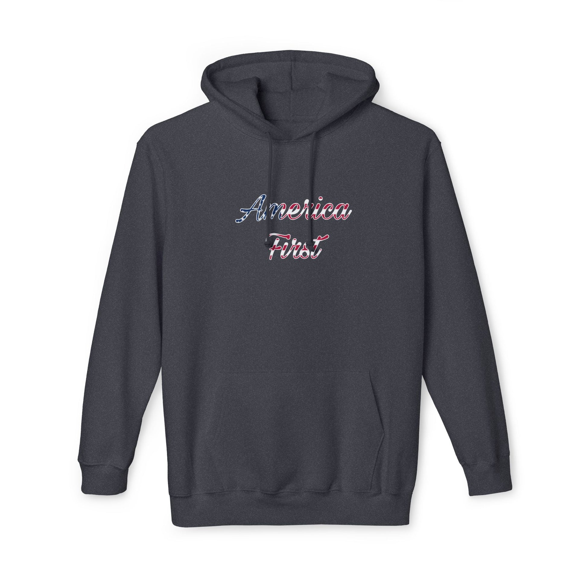 Dark gray hoodie with 'America First' text in cursive, featuring an American flag pattern within the lettering