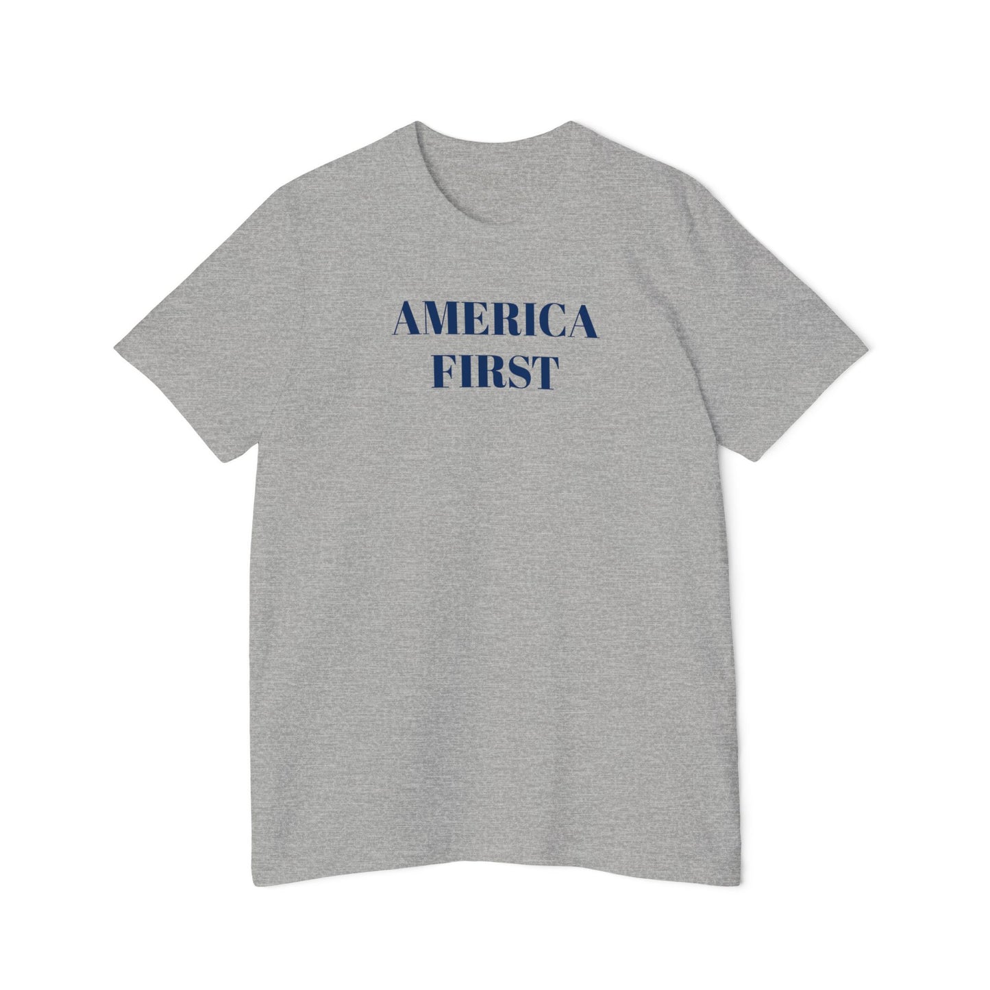 Light grey t-shirt with the words 'America First' on the front.