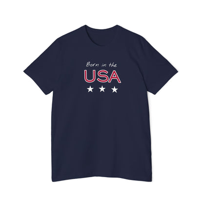 Navy "Born in the USA" T-shirt with bold red and white lettering and three white stars.