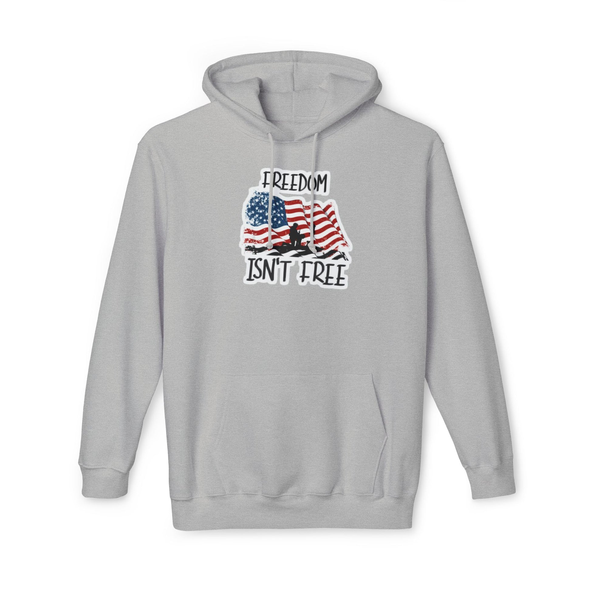 Light gray hoodie featuring a graphic of a waving American flag with a soldier silhouette and the text 'FREEDOM ISN'T FREE' in bold, distressed lettering