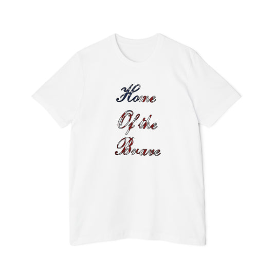 White T-shirt featuring the phrase 'Land of the Free' written vertically in a script font with a red, white, and blue American flag-themed design