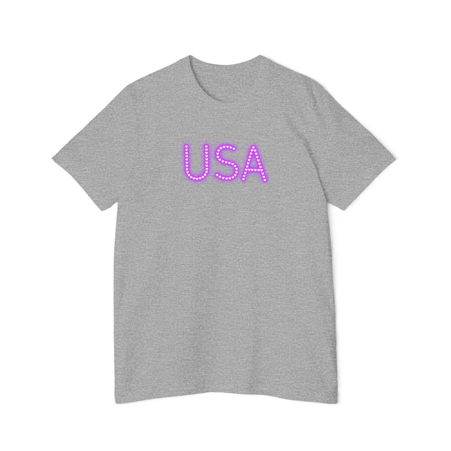 Light grey-colored t-shirt featuring the word 'USA' in bold, neon purple letters with a dotted design