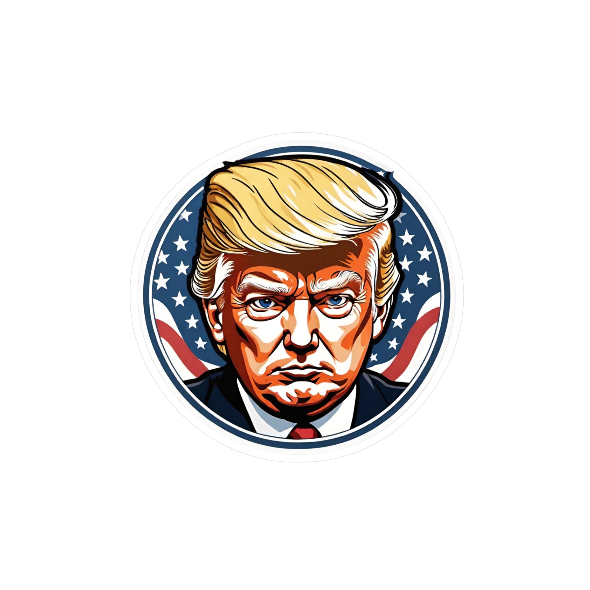 Round sticker featuring a bold, graphic illustration of a determined figure with distinctive golden hair. The background showcases stars and stripes, symbolizing the American flag, adding a patriotic theme to the design