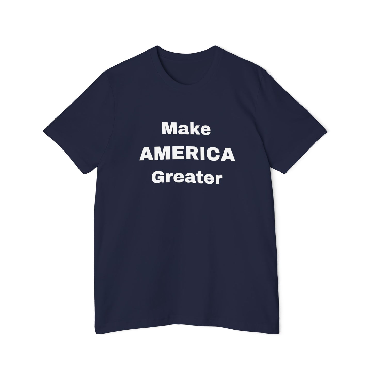 Navy T-shirt with the slogan 'Make AMERICA Greater' printed in bold white letters across the front