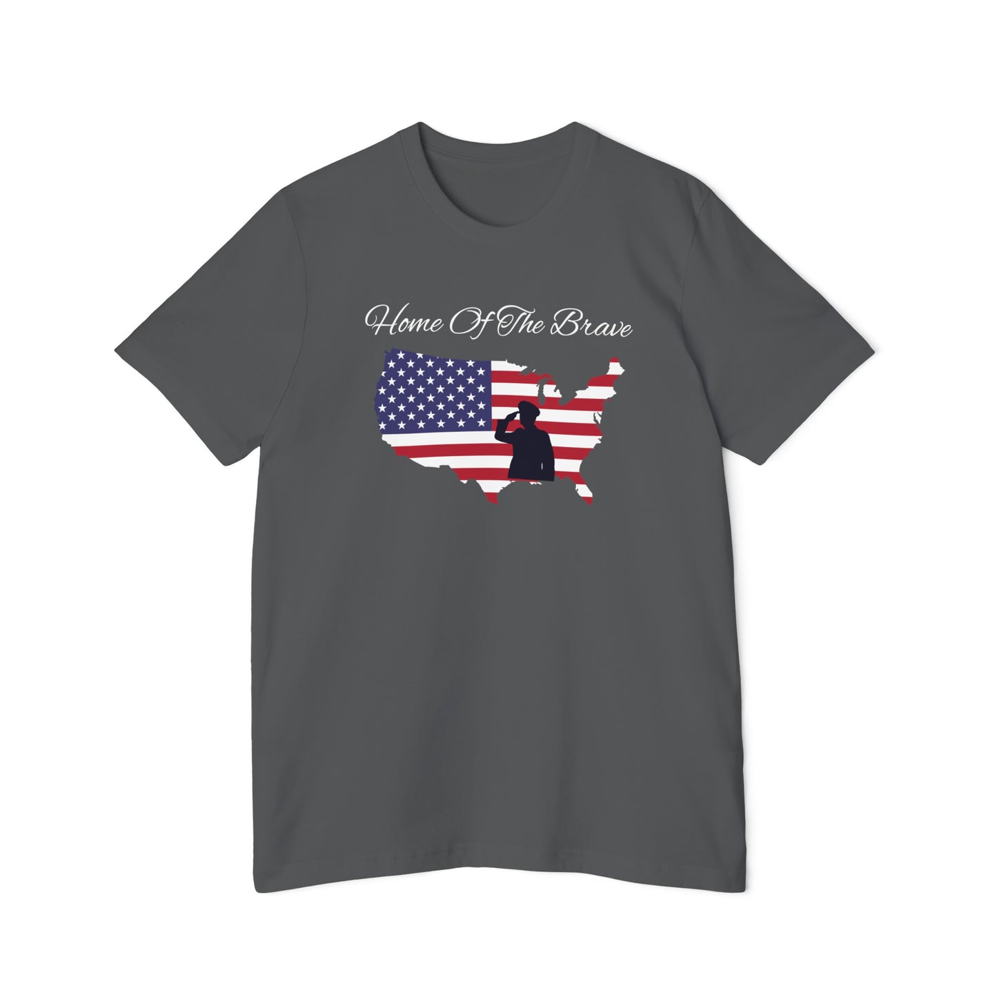 Dark gray T-shirt featuring the phrase 'Home of the Brave' above a silhouette of the United States filled with the American flag design and a soldier saluting