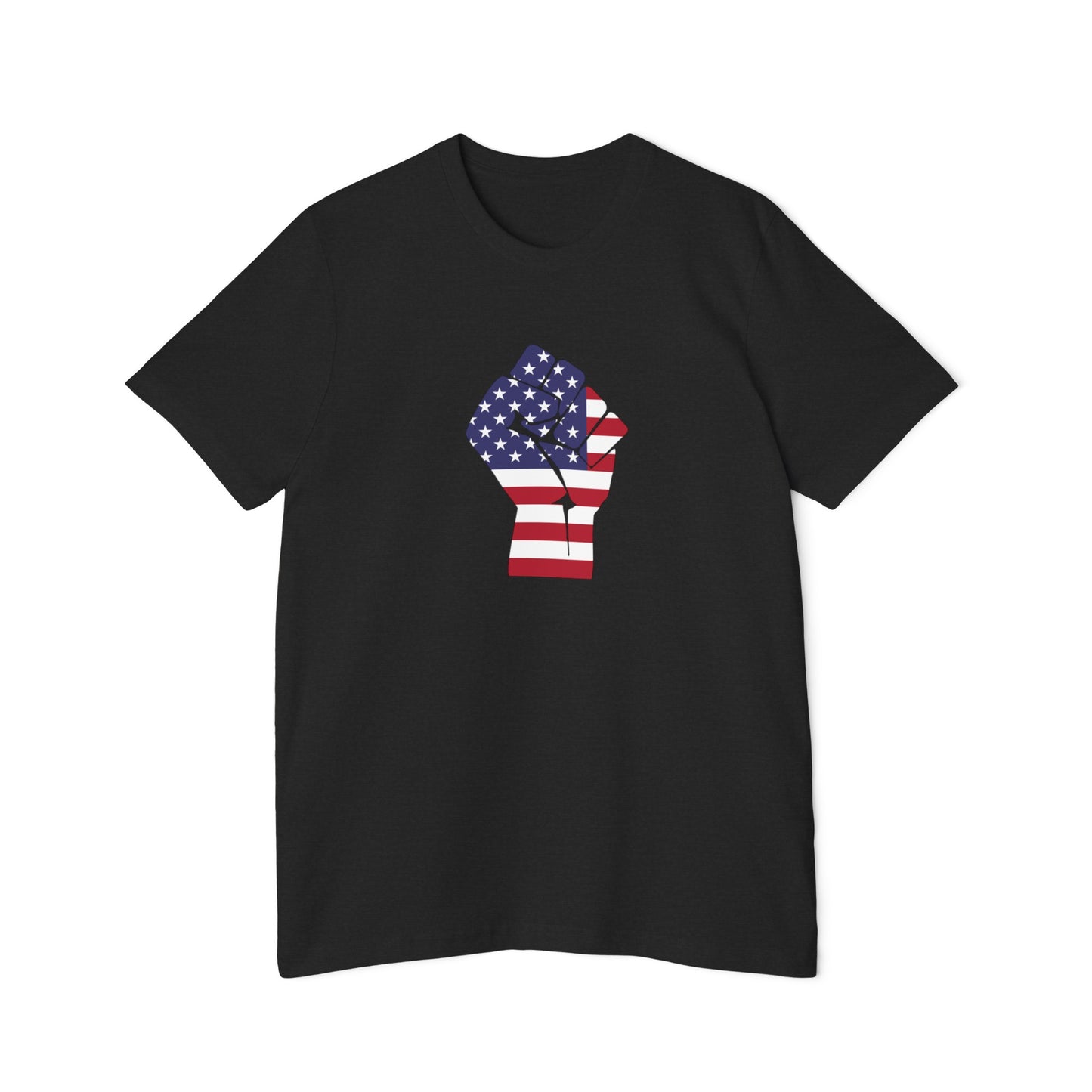 Black T-shirt featuring a graphic of a raised fist in the American flag pattern, with stars and stripes