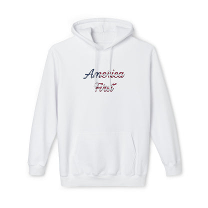 White hoodie with 'America First' text in cursive, featuring an American flag pattern within the lettering