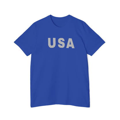 Blue T-shirt with the word 'USA' in bold, white capital letters with a dotted texture across the chest