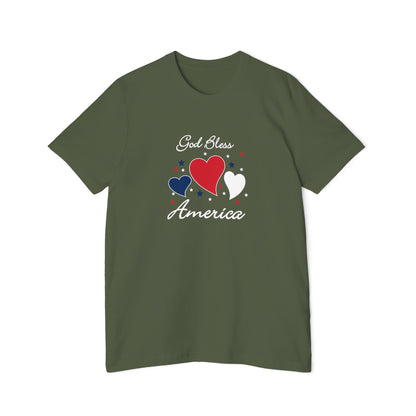 Military green t-shirt with a design showing showing 3 blue, red and white hearts surrounded by blue, red and white stars with the words. God Bless America around the hearts and stars.