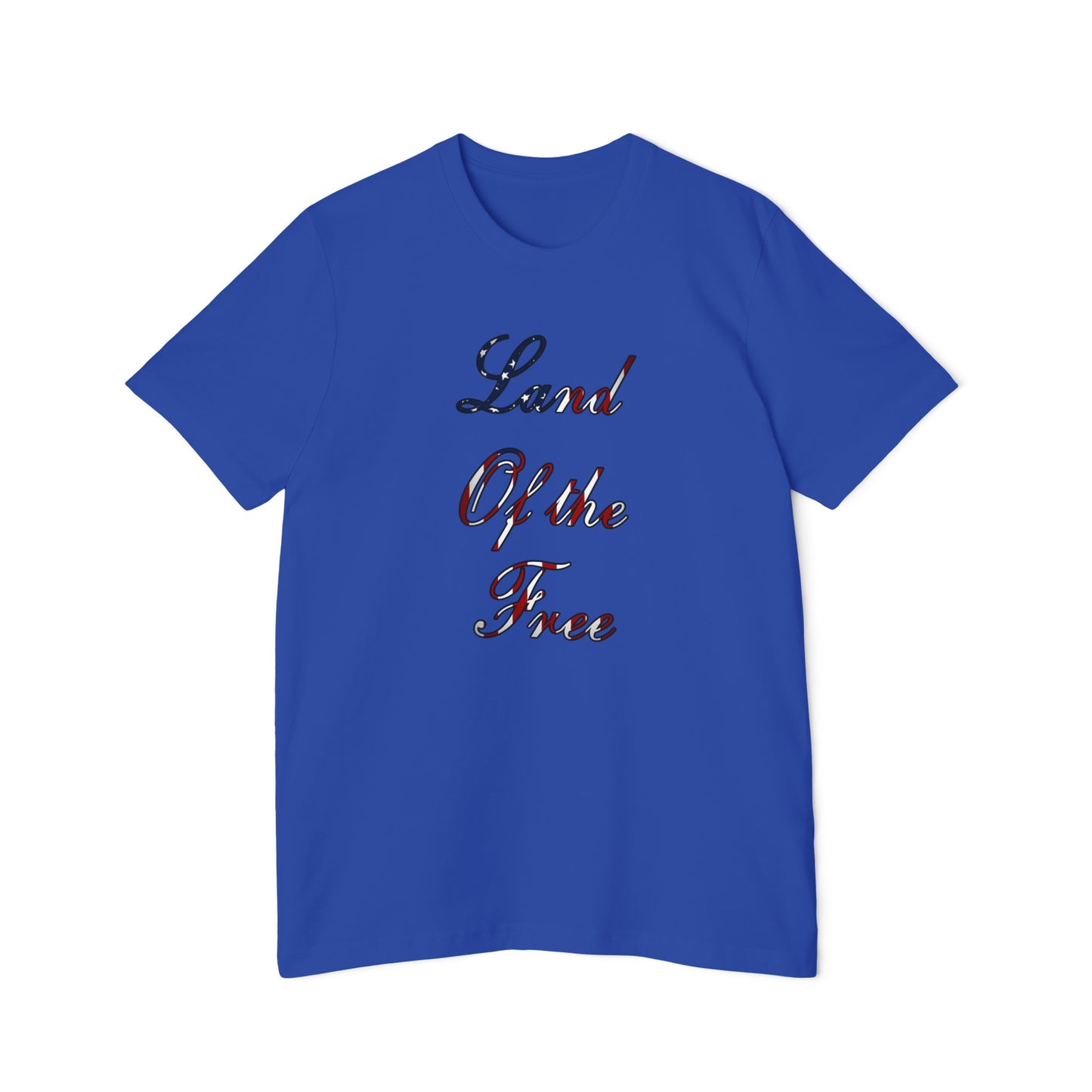 Blue T-shirt featuring the phrase 'Land of the Free' written vertically in a script font with a red, white, and blue American flag-themed design