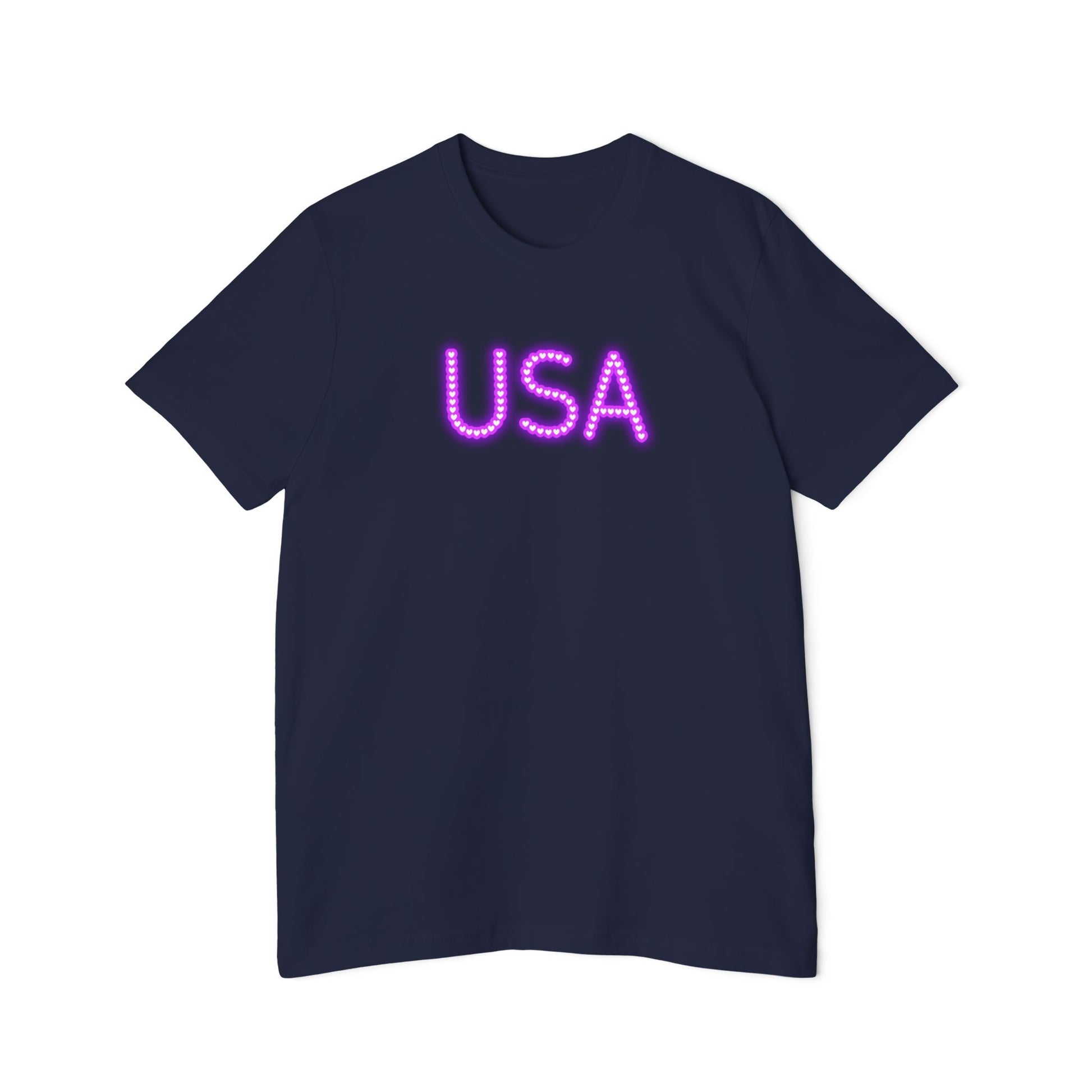 Navy-colored t-shirt featuring the word 'USA' in bold, neon purple letters with a dotted design