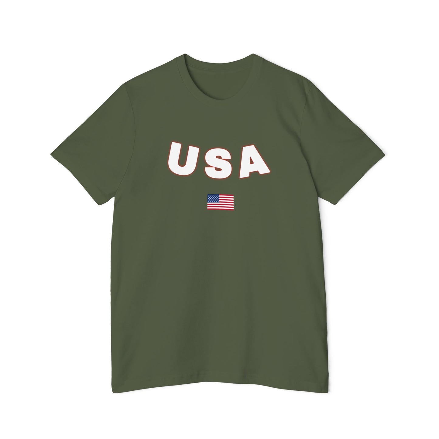 Military green T-shirt featuring the text 'USA' in bold white letters with a slight red outline across the chest. Below the text, there is a small American flag