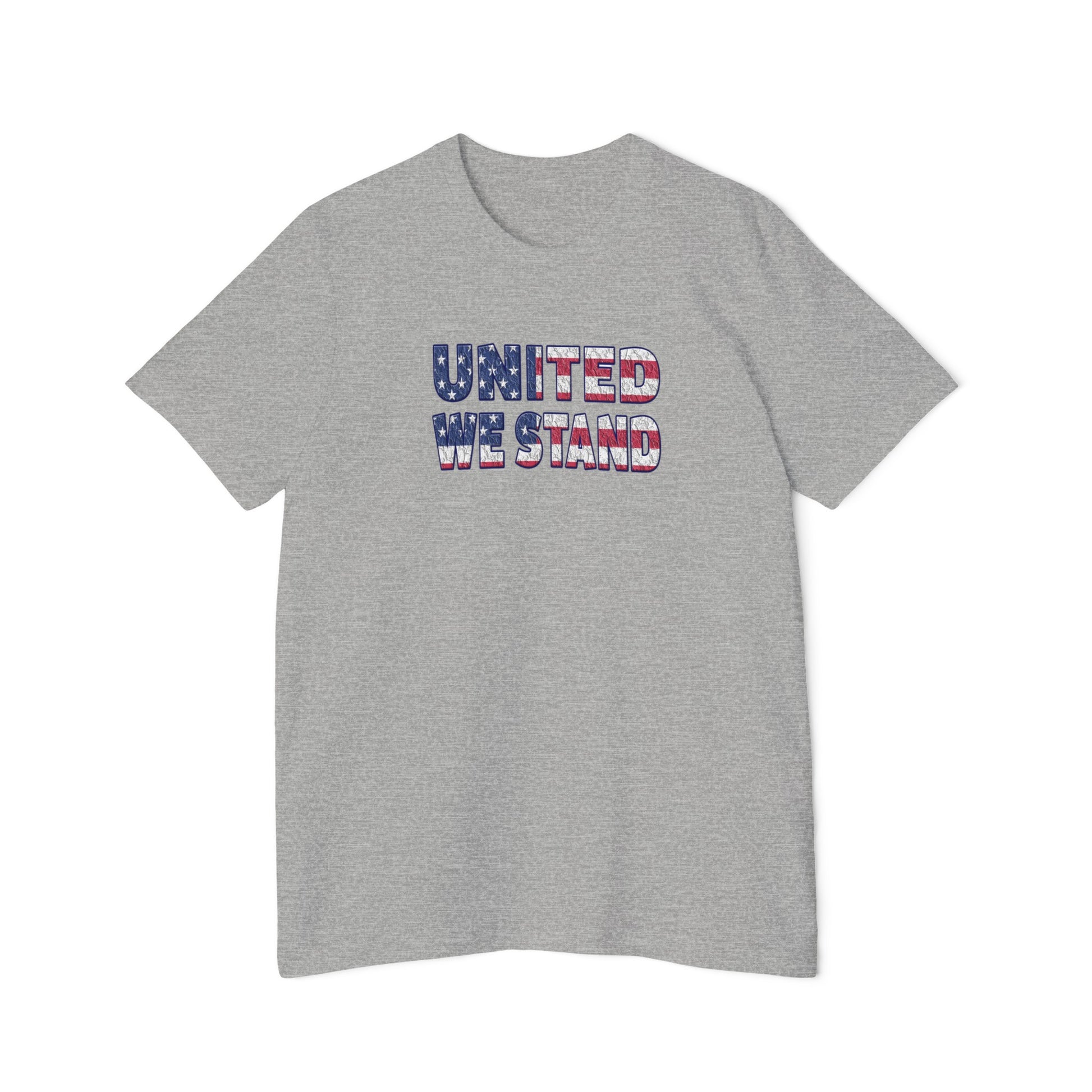 Light gray T-shirt with the text 'UNITED WE STAND' displayed across the chest. The letters are filled with a distressed American flag pattern