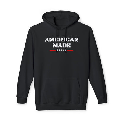 Black hoodie with 'American Made' text in bold white stencil font, featuring a row of stars beneath the text, bordered by red lines