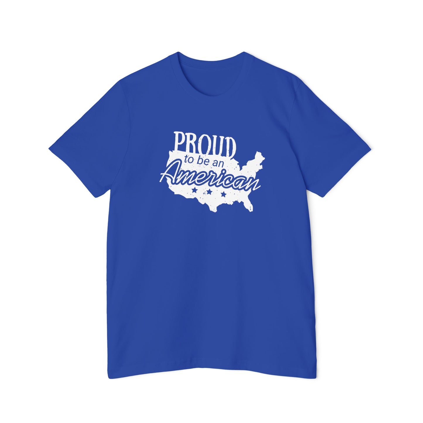 Blue T-shirt featuring the phrase 'Proud to be an American' over a white silhouette of the United States map with stars