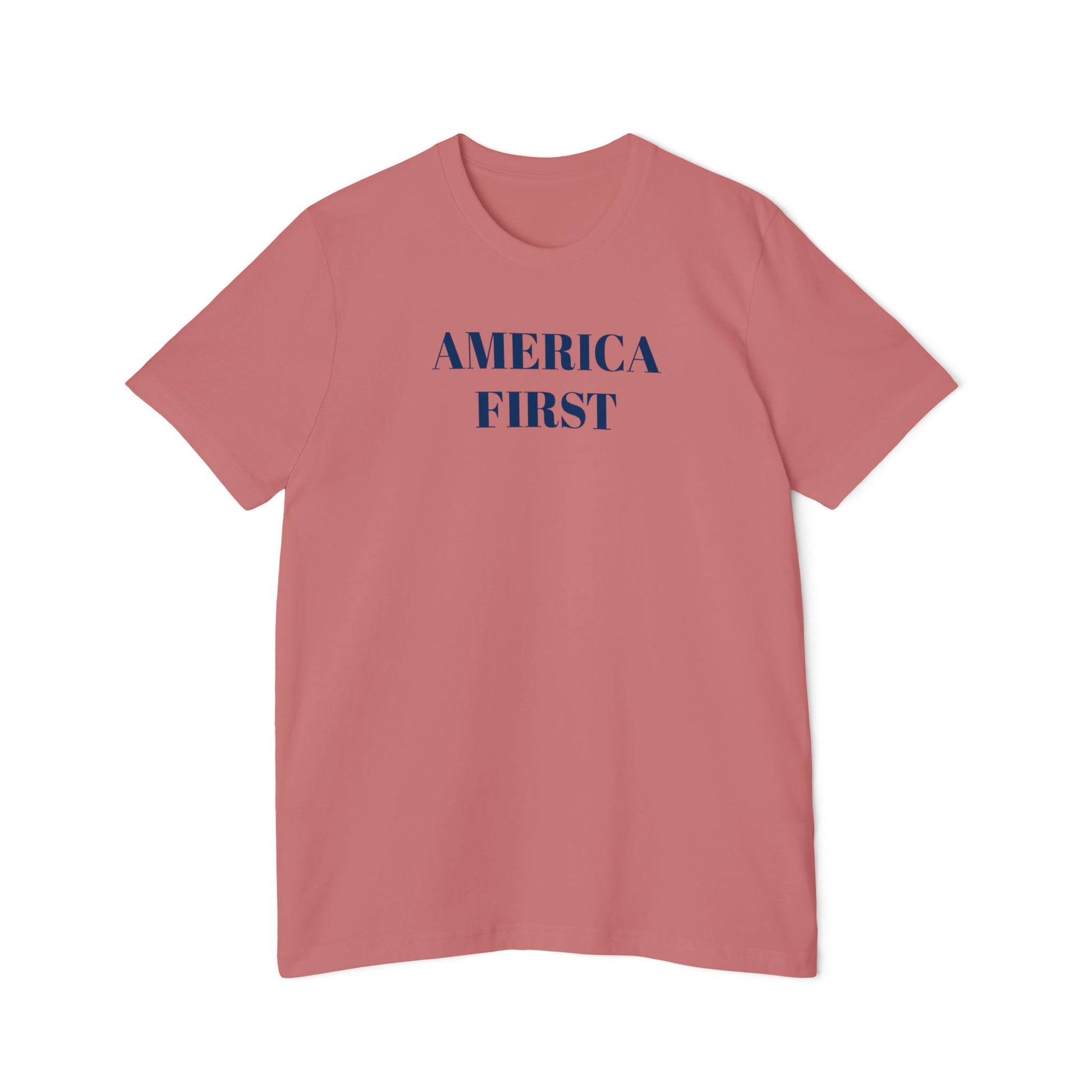 pink t-shirt with the words 'America First' on the front.