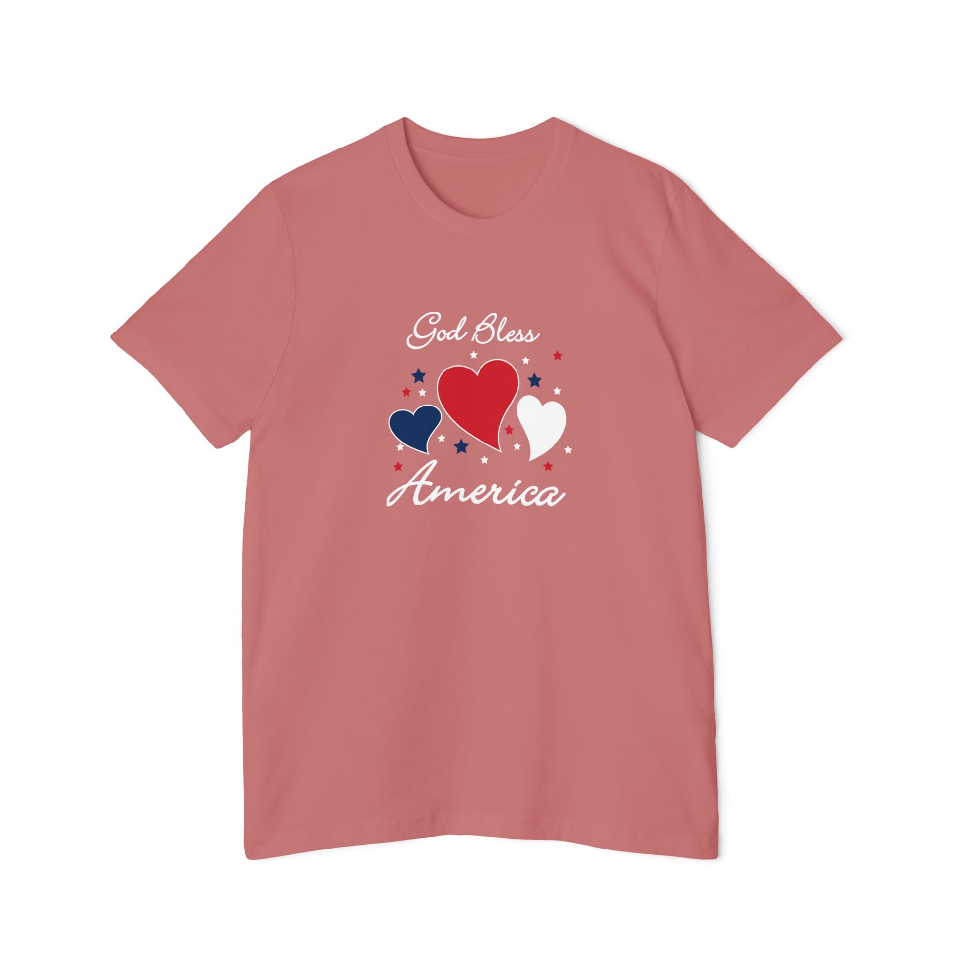 Pink t-shirt with a design showing showing 3 blue, red and white hearts surrounded by blue, red and white stars with the words. God Bless America around the hearts and stars.